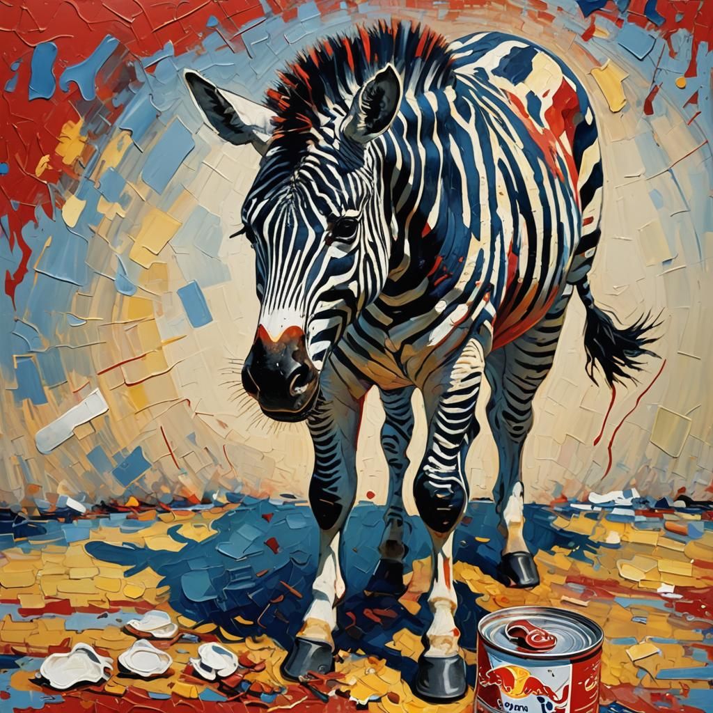 Zebra Crushing Red Bull: Expressionist Impasto Oil Painting