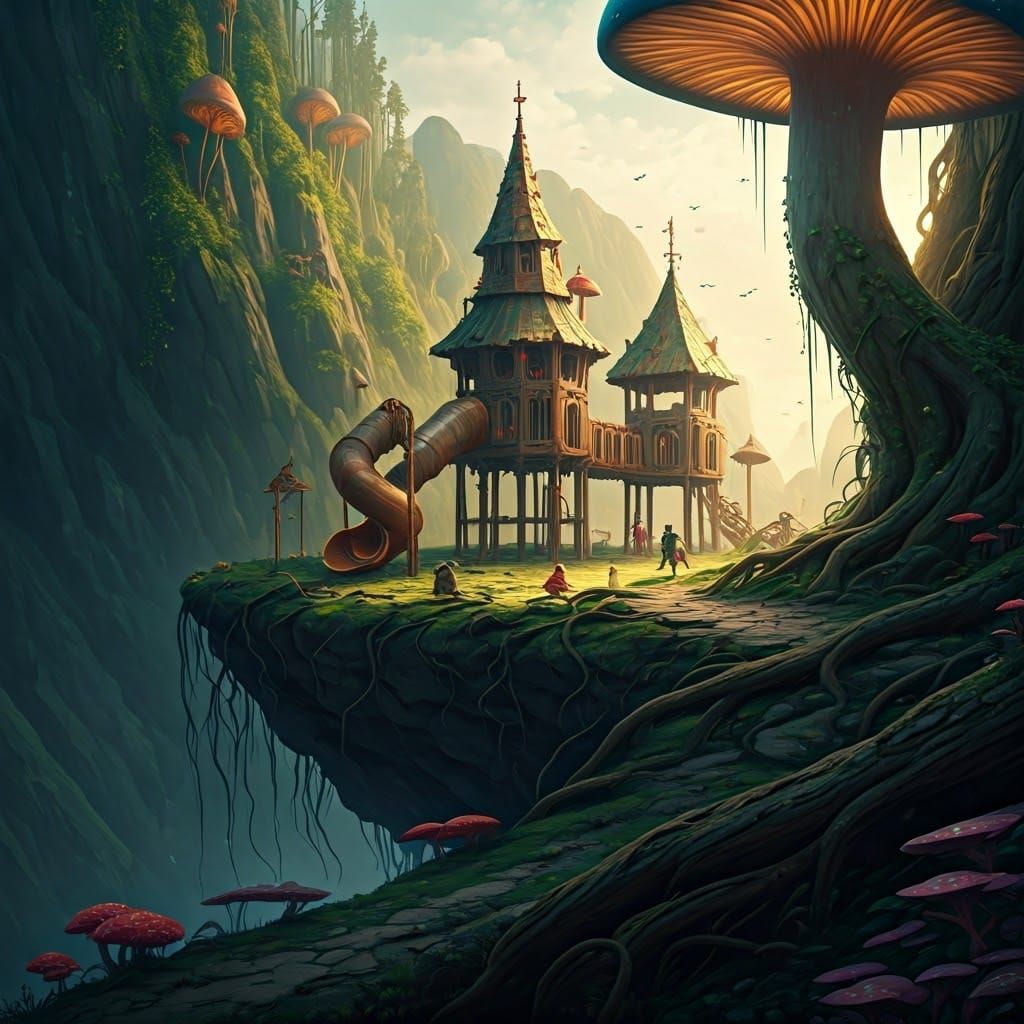 Cliffside Playground with Glowing Mushrooms in Dreamlike Sty...