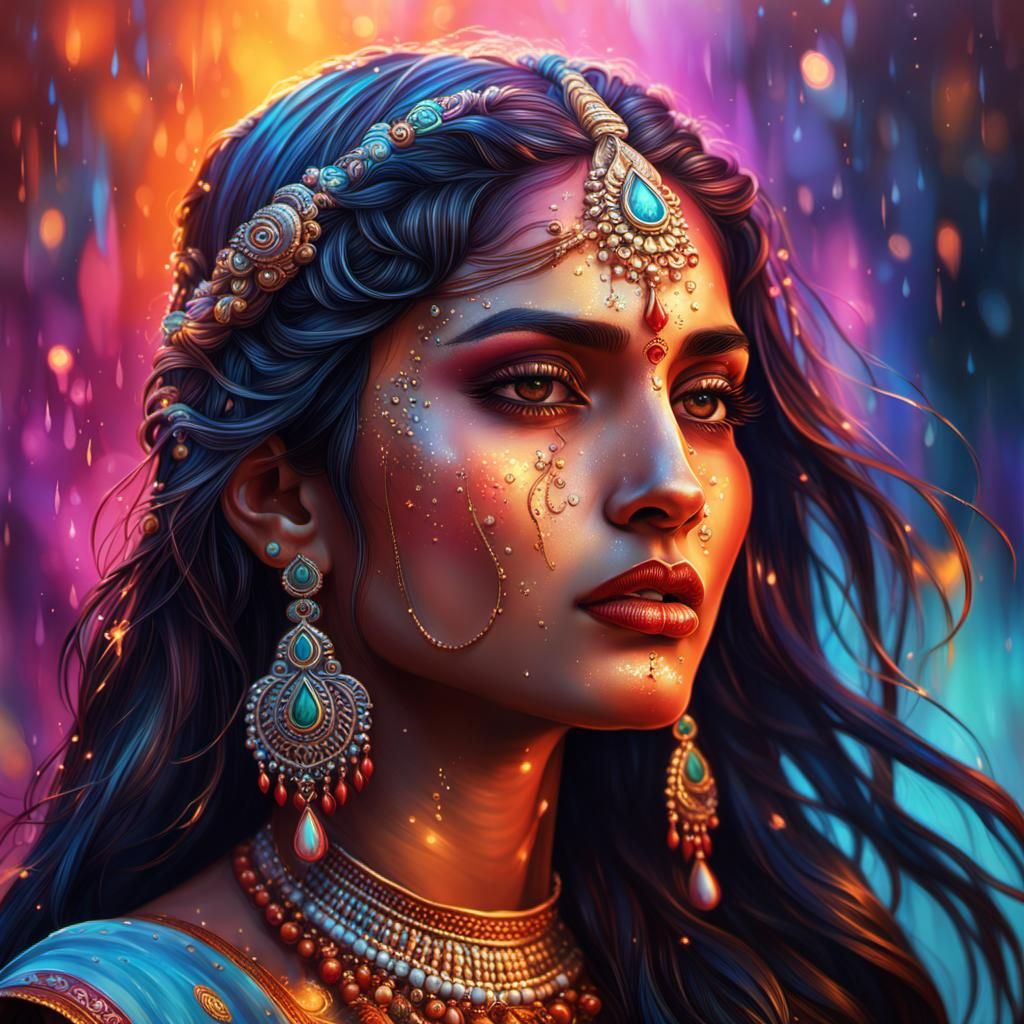 Fantasy Indian Goddess with Long Hair, Digital Art