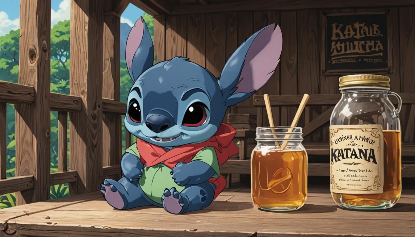 Lilo and Stitch, sitting on a wooden porch sipping moonshine...