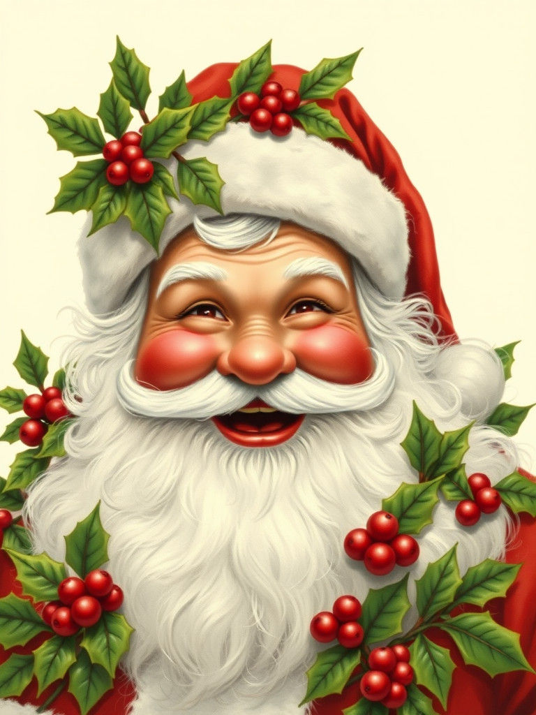 Jovial Santa Claus with Holly, a Nostalgic Portrait