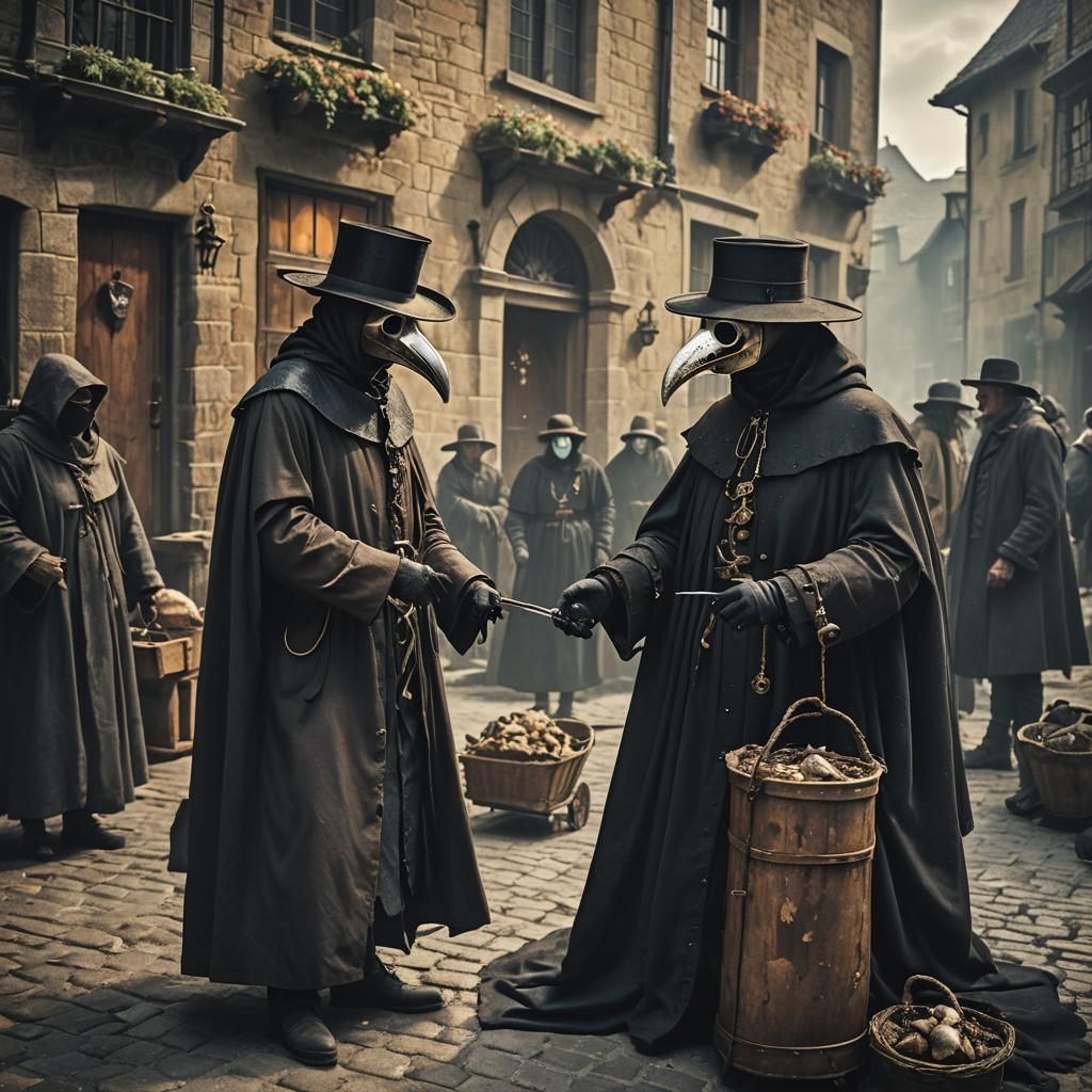 Medieval Plague Doctor Treating Bubonic Plague Victim