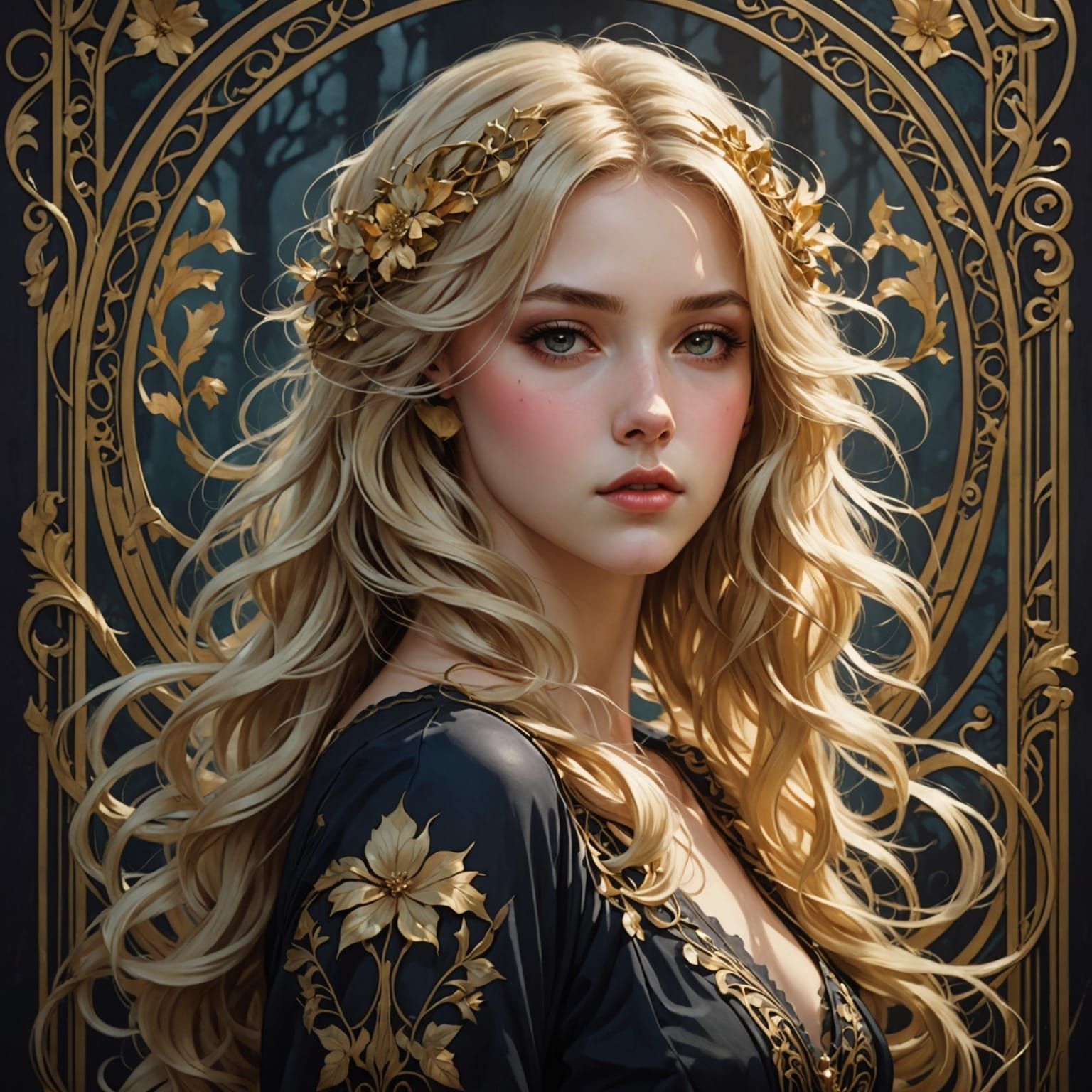 Beautiful Blonde Woman in Art Nouveau Anime Style