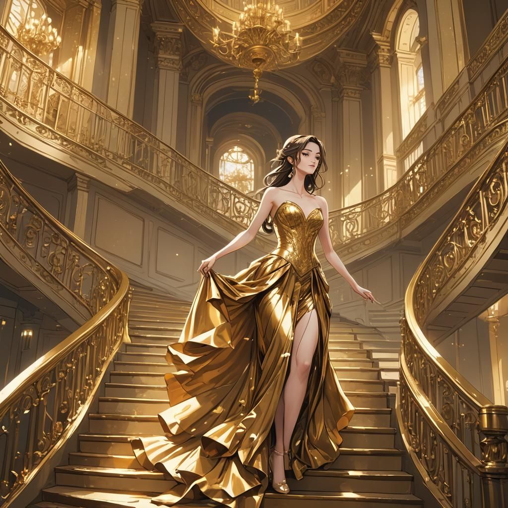 Woman in Gown Descending Golden Staircase, Anime Style