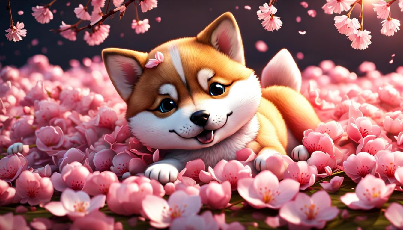 Chibi Shiba Puppy in Cherry Blossoms