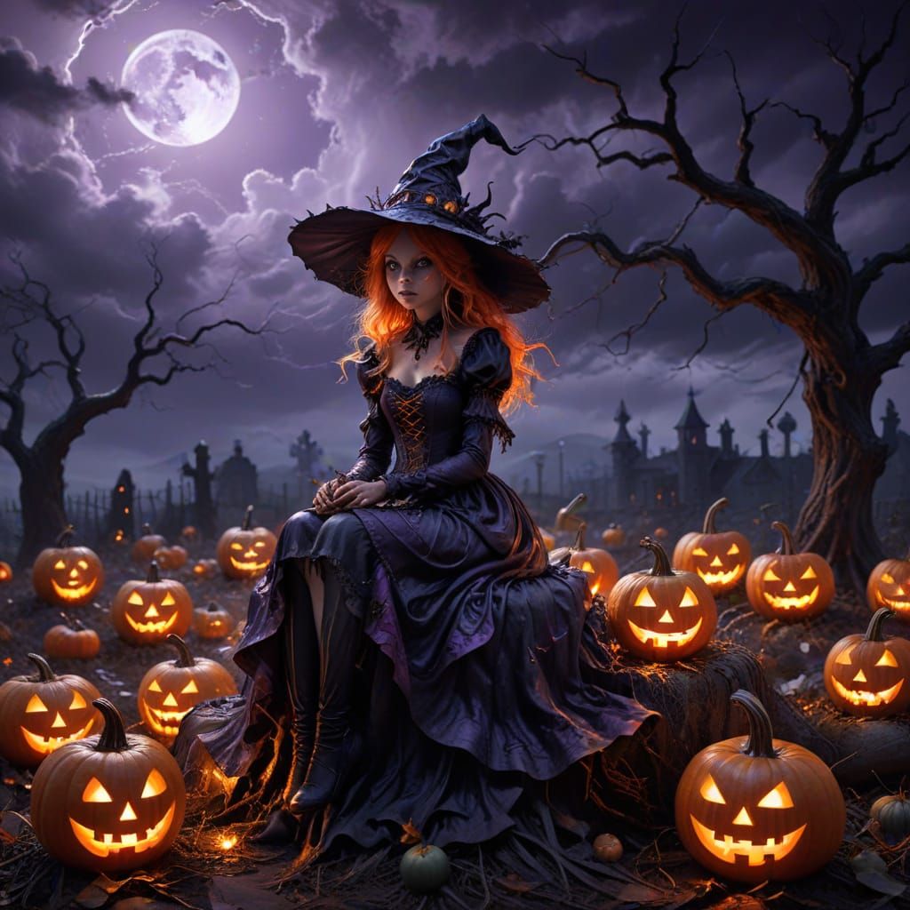 Witch Girl on Giant Glowing Pumpkin in Surreal Halloween Sky