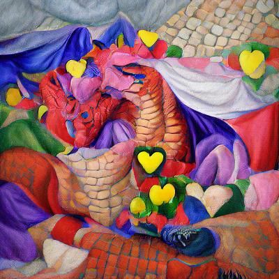 Renaissance Dragon Surrounded by Hearts in Fauvist Style