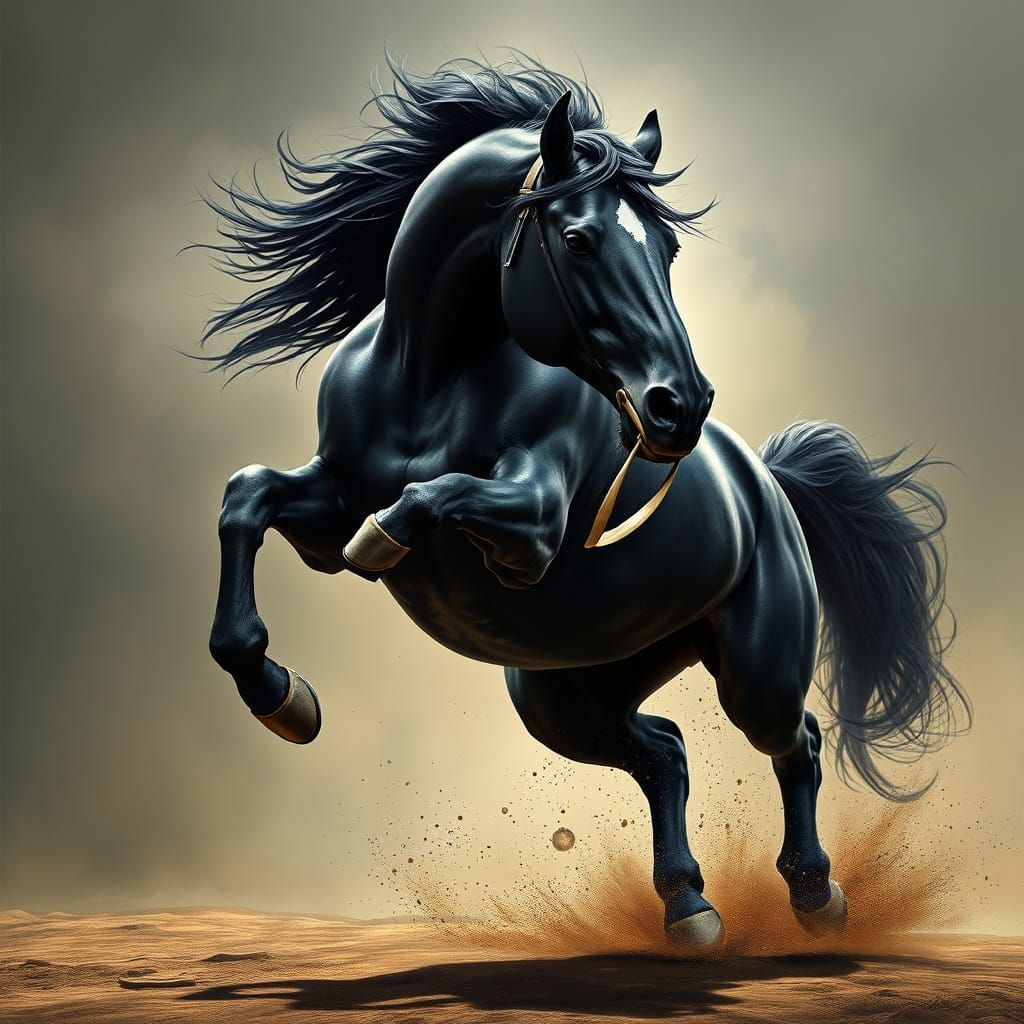 Ethereal Black Stallion with Sabre-toothed Fangs in Dramatic...