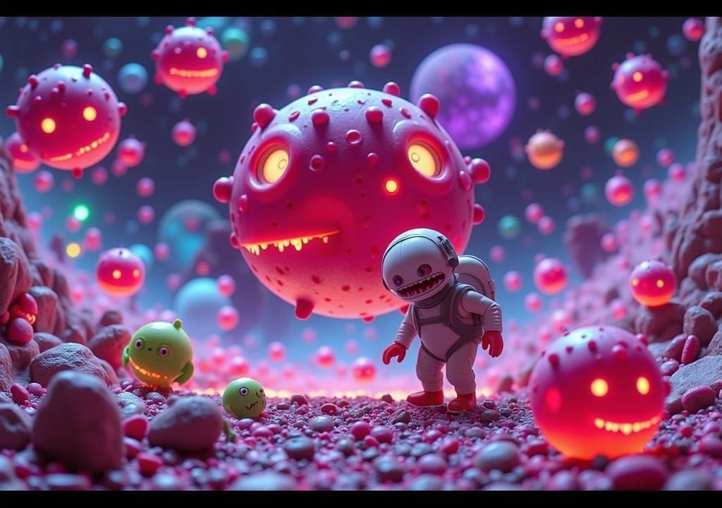 <lora:Laeviculus:1.0> pop nightmare in the style of a cgi planet-sized gummy candy creatures, gummies floating like aste...