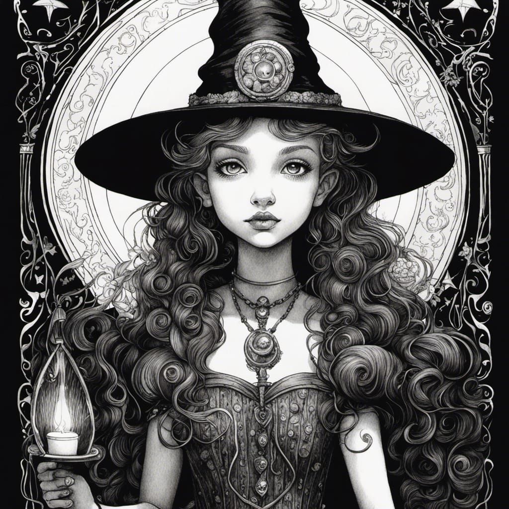 Whimsical Ink Drawing of a Cute Young Witch
