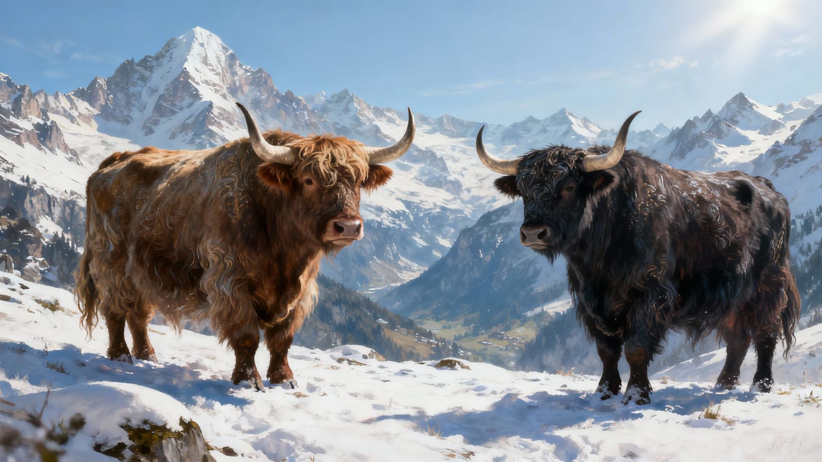 Hyperrealistic Swiss Alps Fantasy Landscape with Yaks