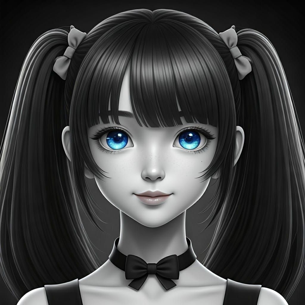 Anime Girl with Pigtails and Blue Eyes in Black and White