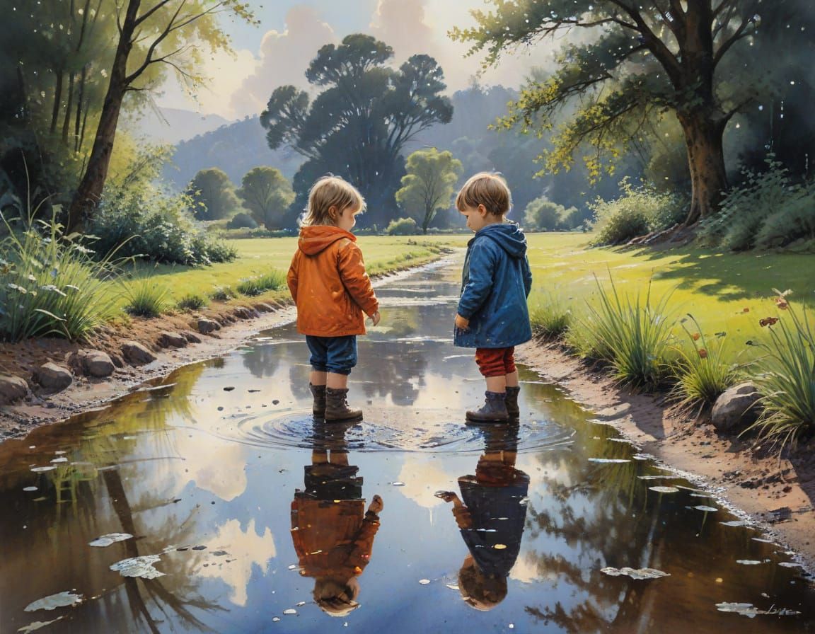 Toddler Splashing in Puddle Reflection, Watercolour Style