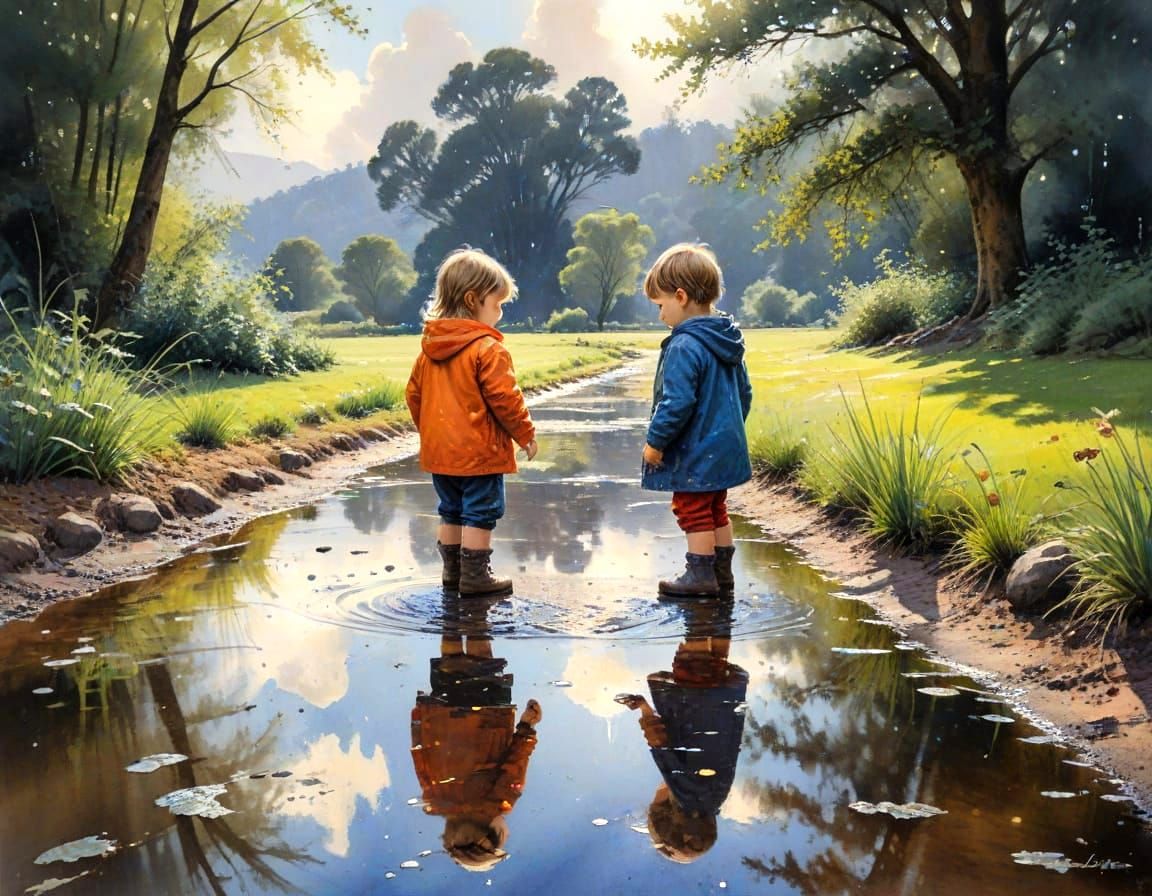 Toddler Splashing in Puddle Reflection, Watercolour Style