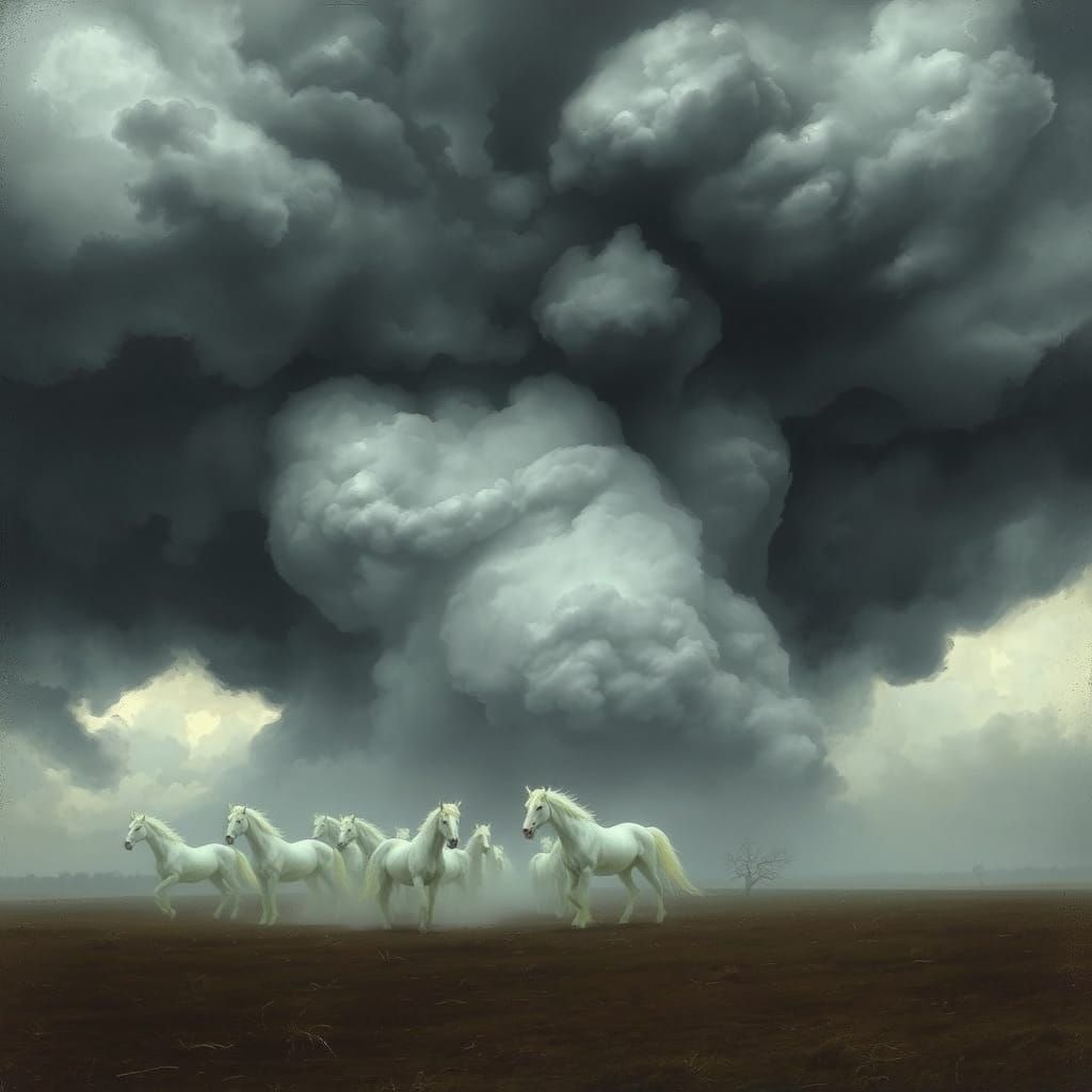 Ethereal Horses Emerge from Stormy Skies, Doré-Inspired