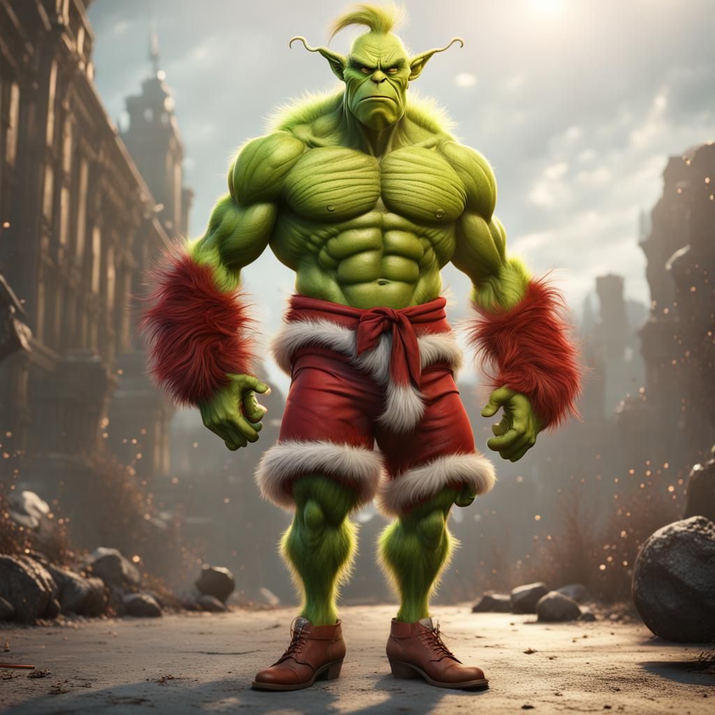 Bodybuilder Grinch: Detailed Fantasy Concept Art
