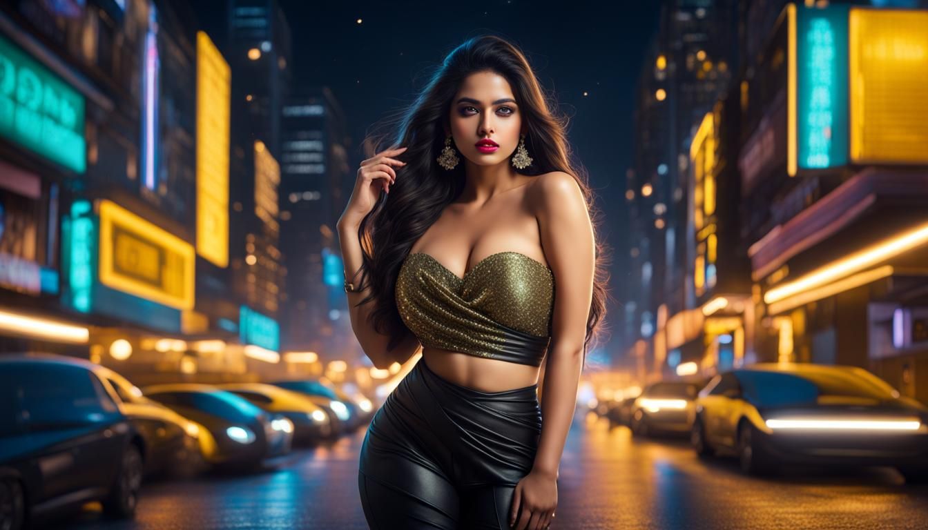 Curvy Woman in Glittering Saree in Neon City