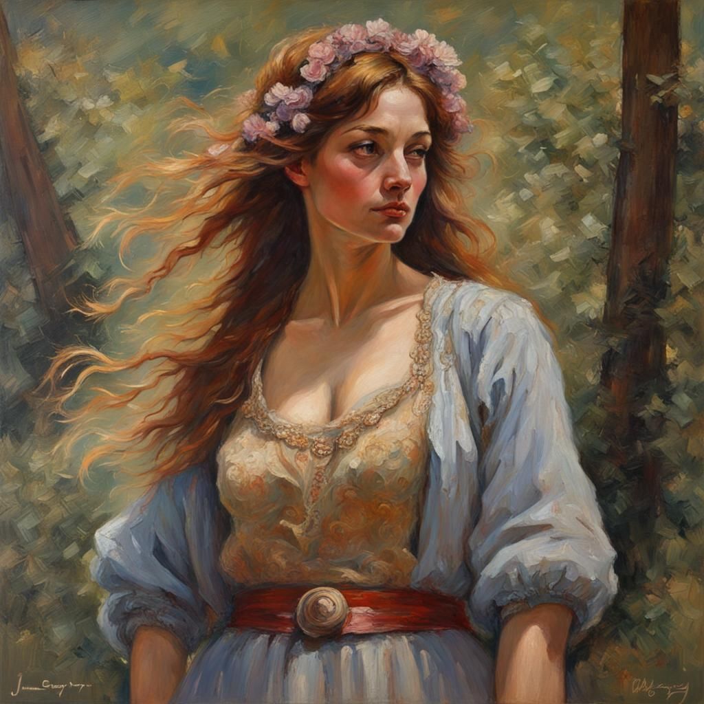 Forest Queen with Curly Hair, Oil Painting