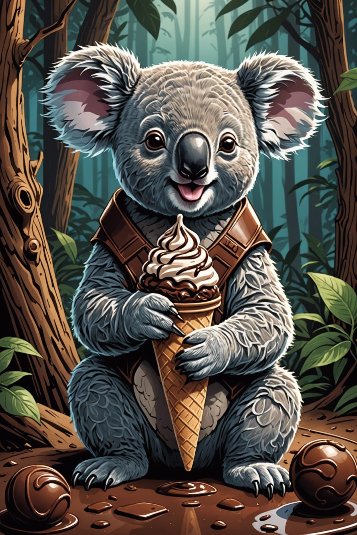 Koala eating chocolate ice cream