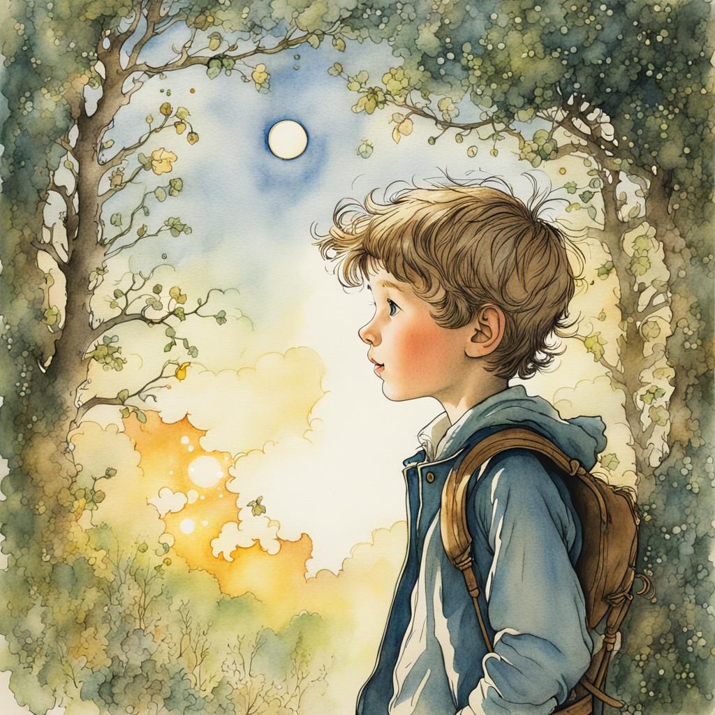 Amazed Boy Stares at Sparkling Light: Storybook Illustration