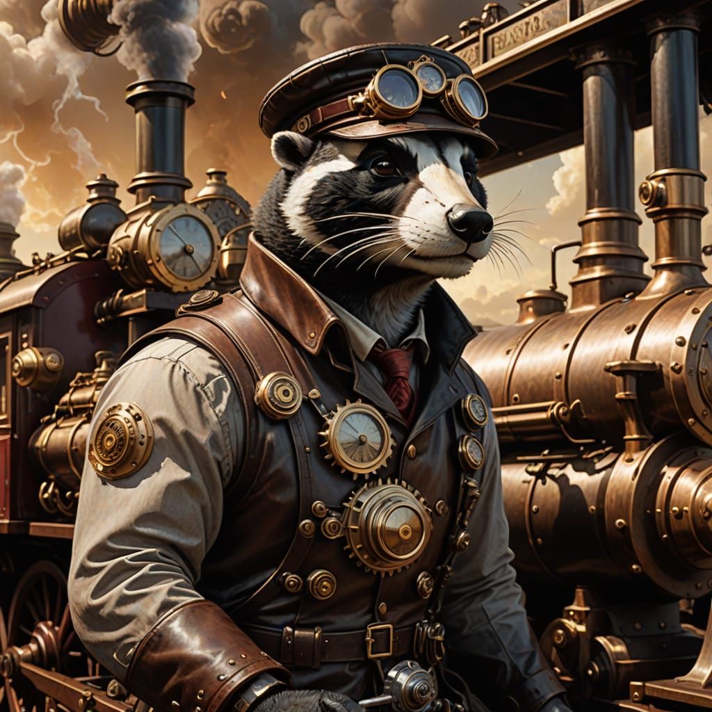 Steampunk Badger Engineer Controls Vintage Steam Train