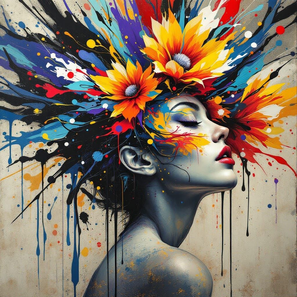 Surreal Woman in Profile, with Vibrant Flowers and Urban Str...