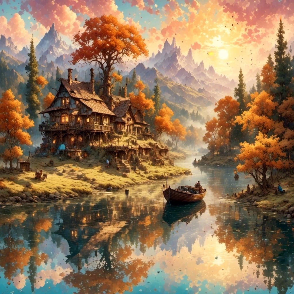 Watercolor Landscape with Lakeside Home and Mountains