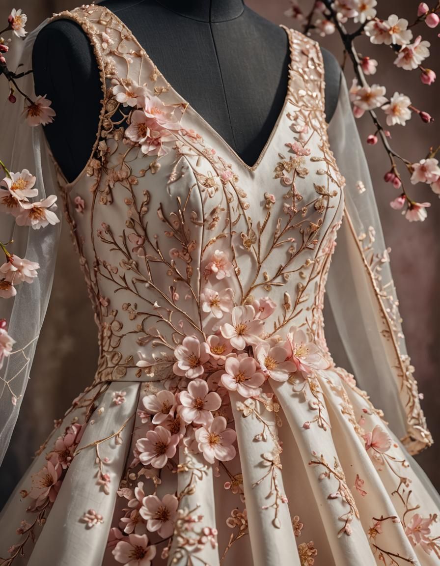 Highly detailed close-up of wedding dress adorned with cherr...