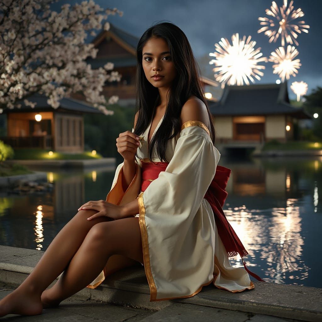 Indian Woman in Kimono in Japanese Garden