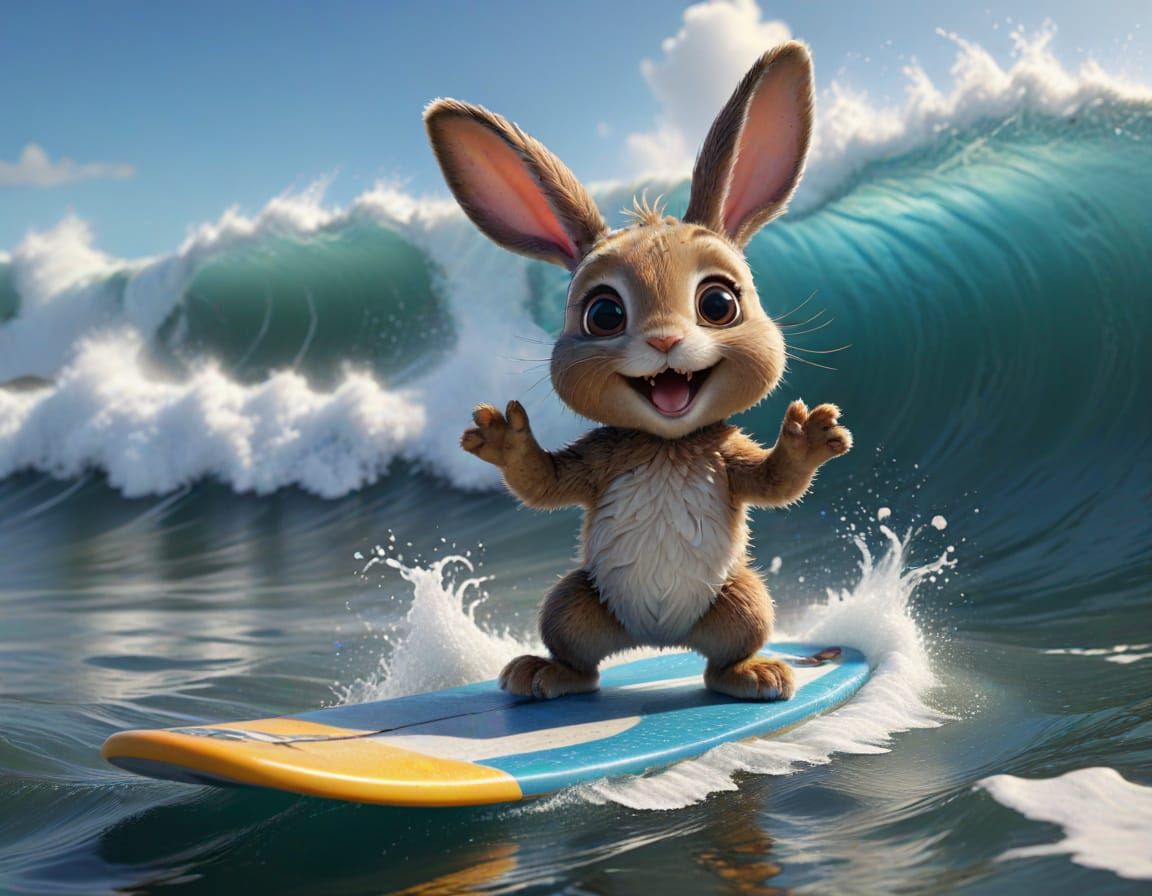 A cute Bunny on a surfboard riding a big wave.