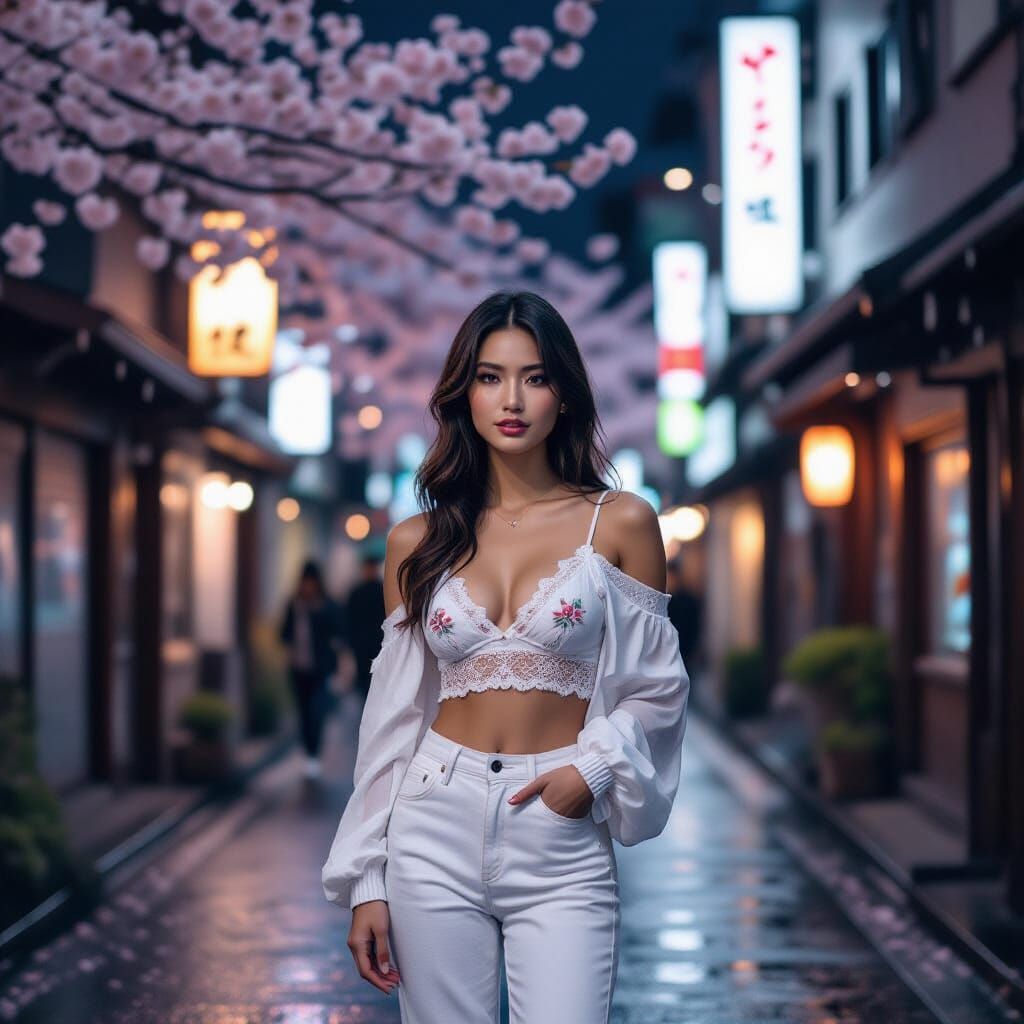 Elegant Woman in Tokyo Street Scene with Cherry Blossoms