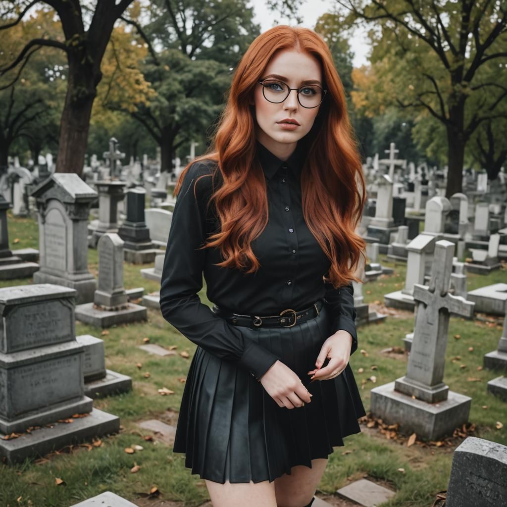 Woman with Red Hair in Cemetery on Halloween