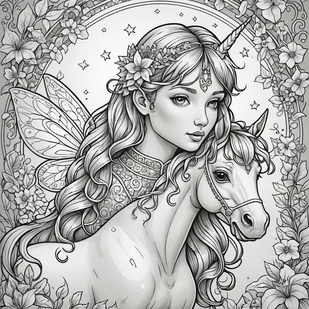 Fairy and Unicorn Coloring Book Page