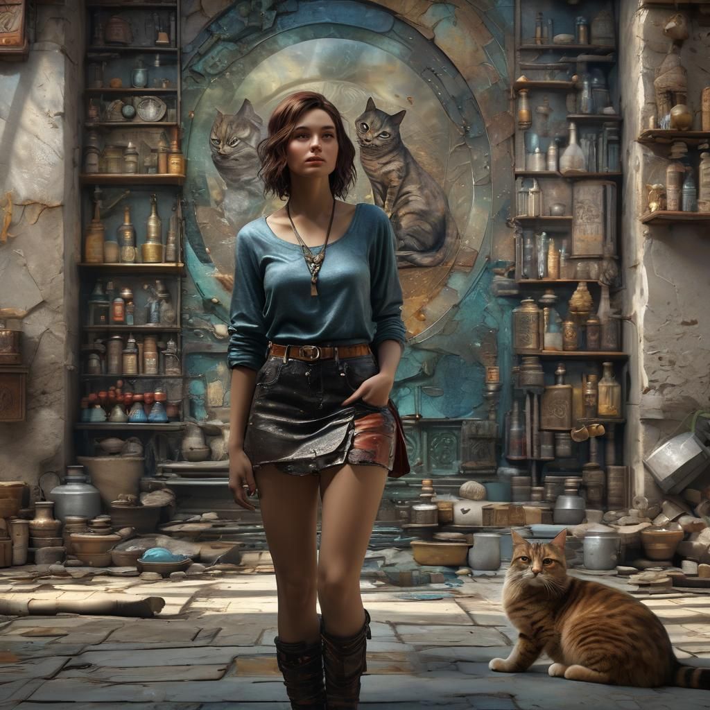 Woman with Cat in Alcohol Ink Style