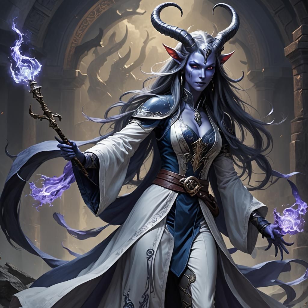 (female Tiefling:1) with a lithe build. (slender elegant hor...