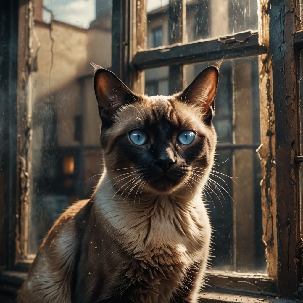Siamese Cat Gazing Through Grimy Window
