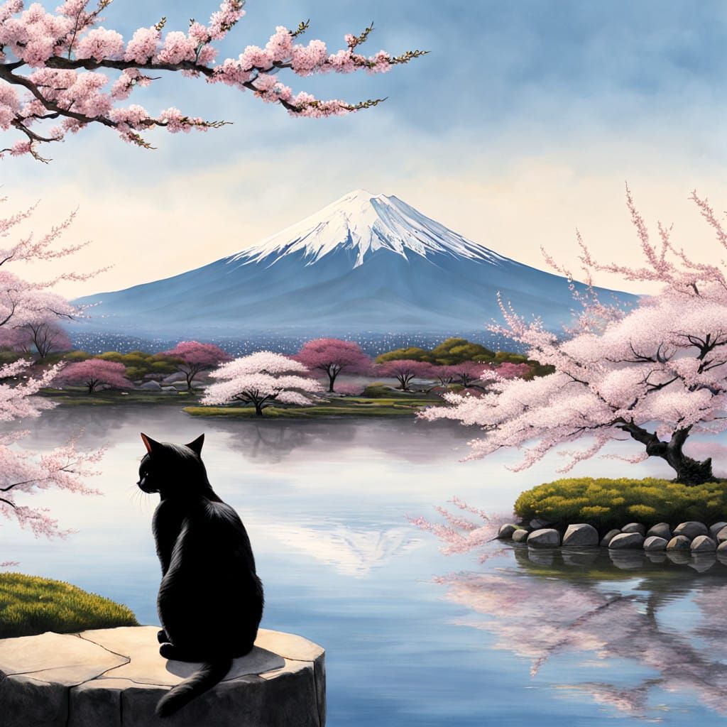 Ethereal Japanese Fantasy Scene with Black Cat and Mount Fuj...