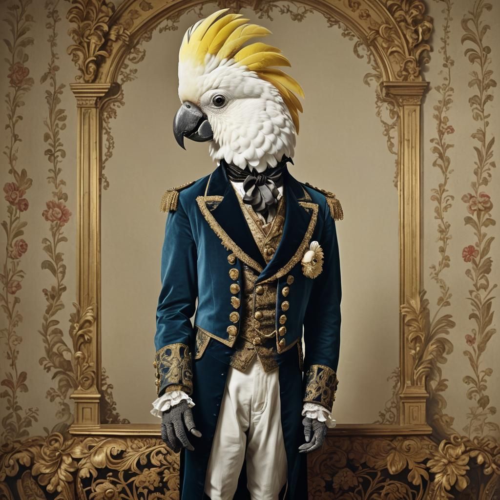 Victorian Cockatoo Singer in a Train, Cinematic Photo