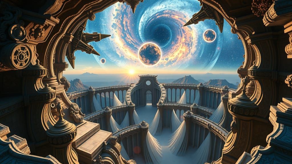 Utopian Dreamscape: Escher-Inspired Cosmic Waterfall