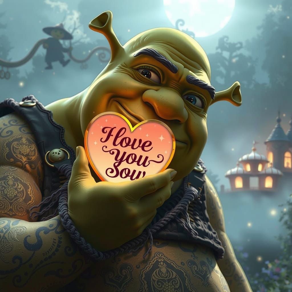 Shrek Holding "I Love You" Sign in Ethereal Fantasy Art