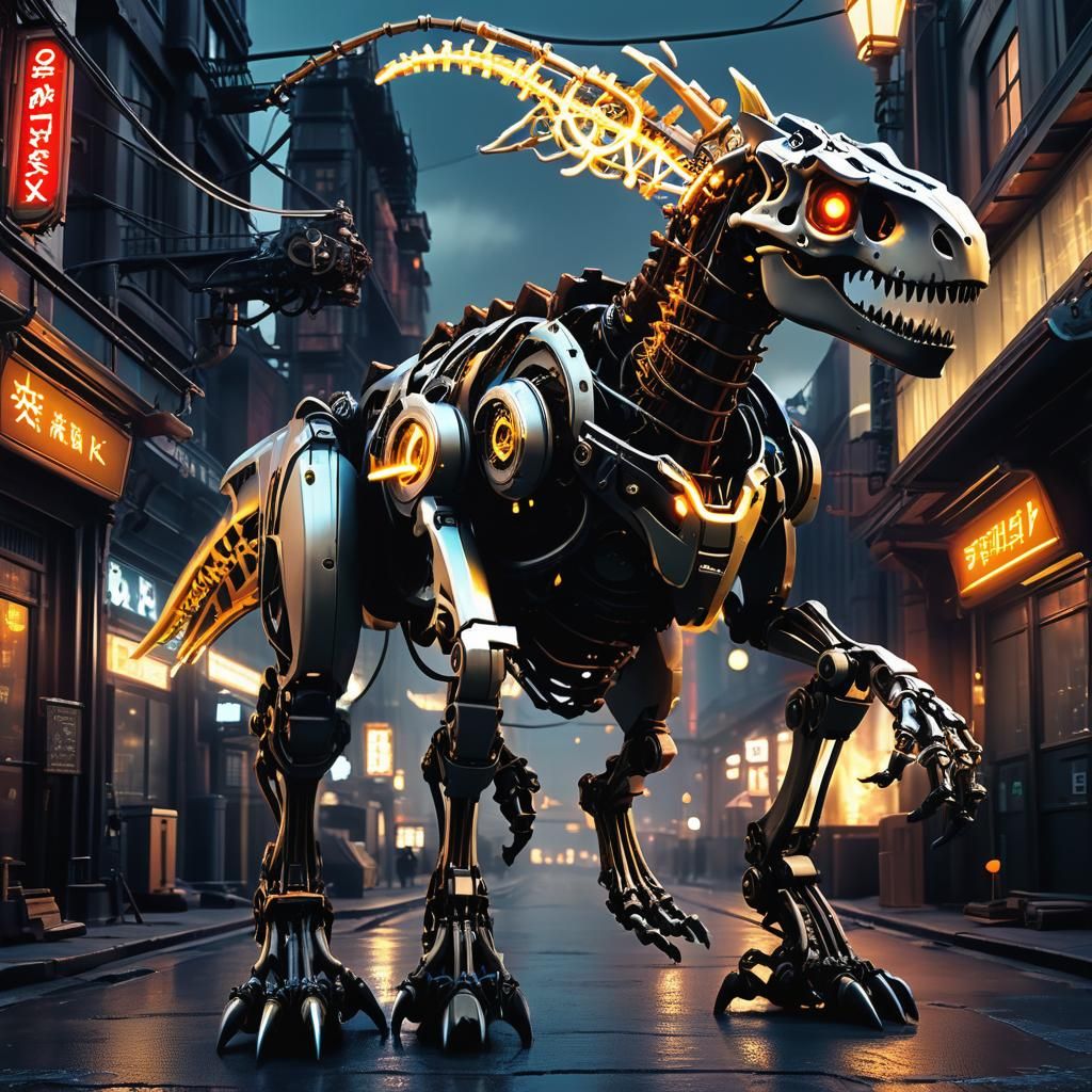 Steampunk Robotic T-Rex with Girl in Future City