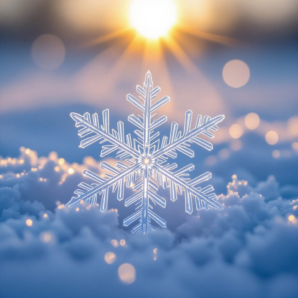 Sparkling Snowflake on Snow with Golden Sunlight