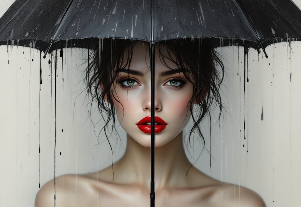 Striking Portrait of Woman with Umbrella in Rain