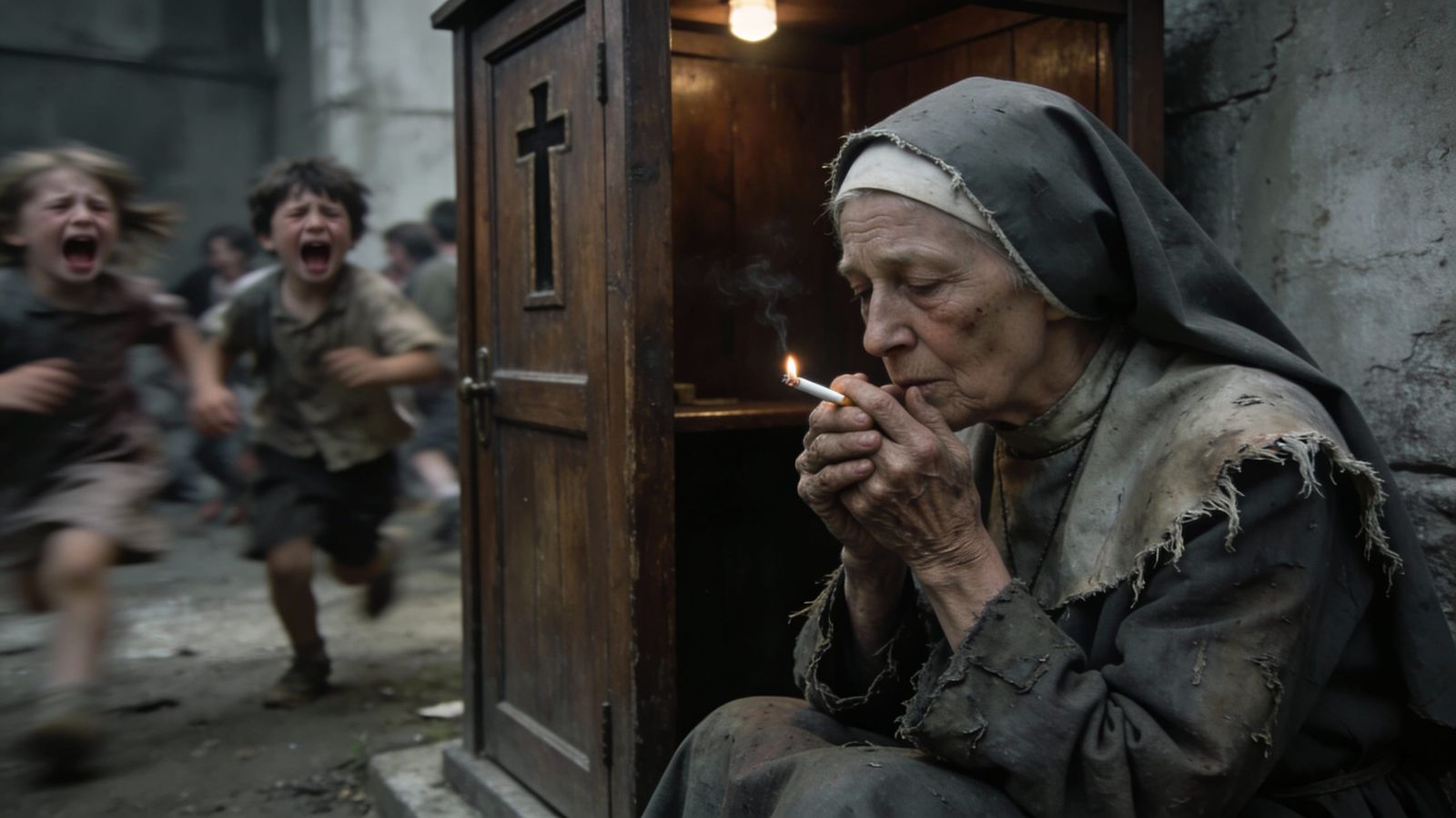 Ragged Nun Smoking Outside Confession Booth