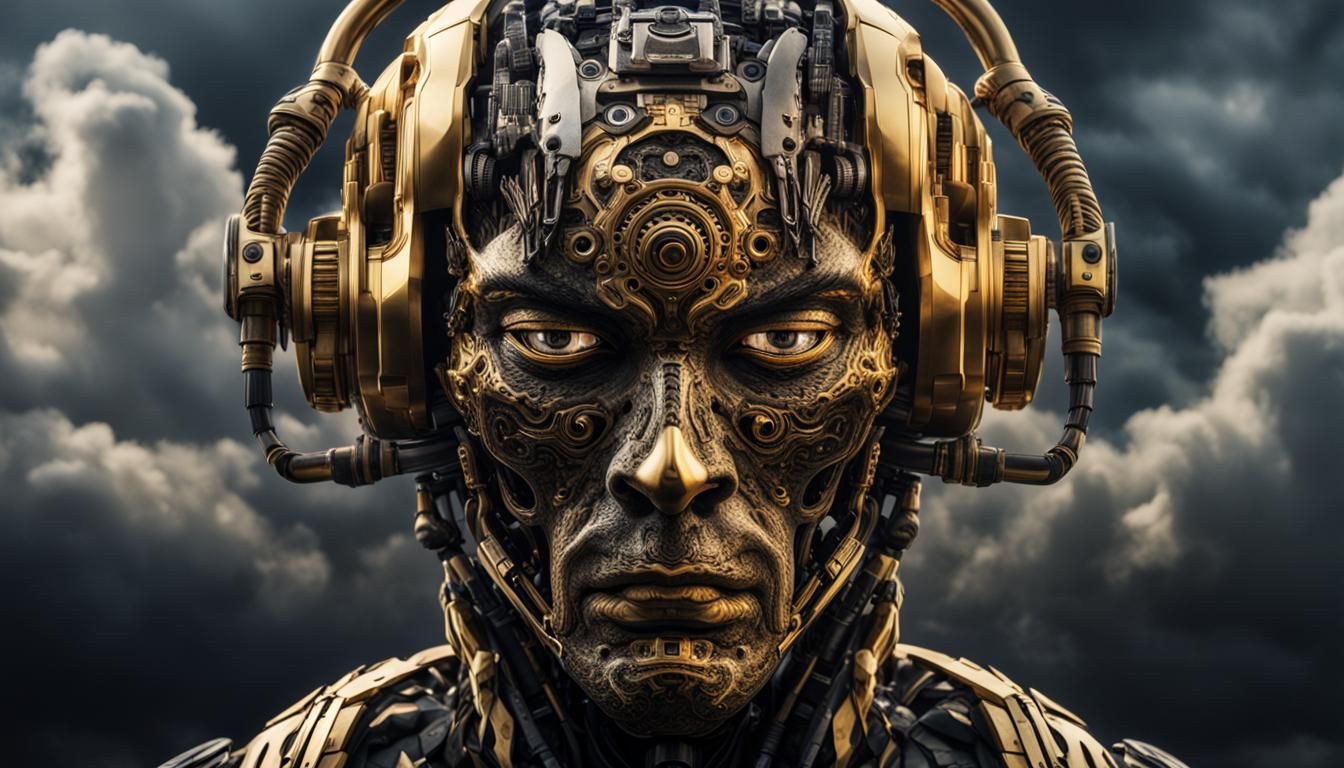 Hyperrealistic Cyborg Head with Gold Accents