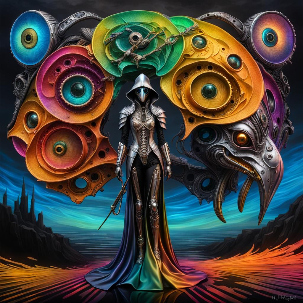 Surreal Cyberpunk Goddess in Gothic Plague Doctor Armor