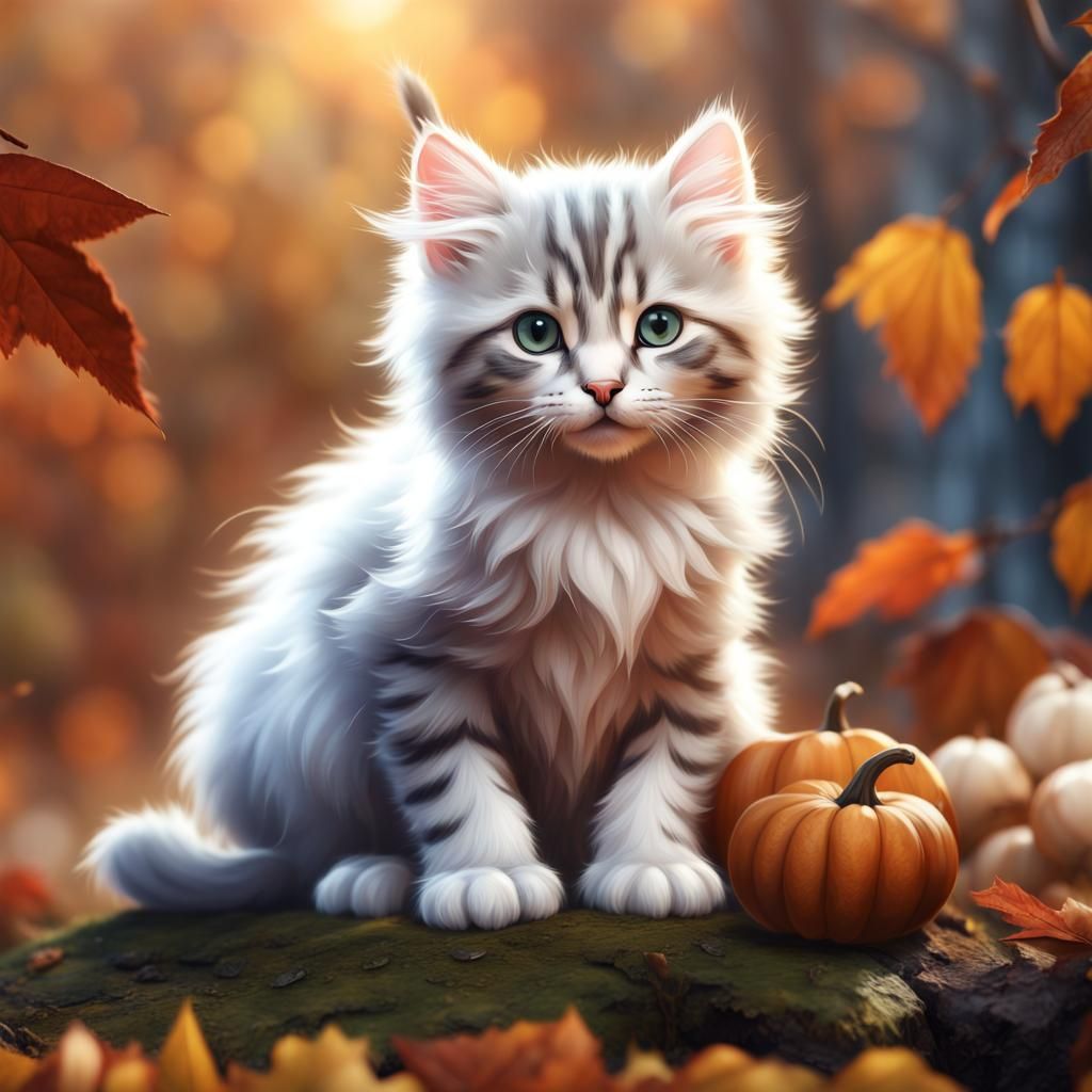 American Curl Kitten in Detailed Autumn Landscape