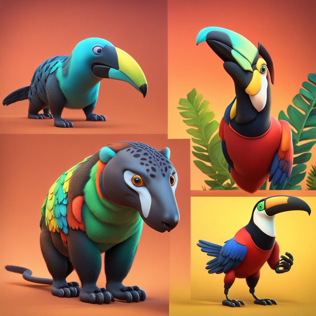 Anteater, Jaguar, Parrot, Toucan, Tapir: 3D Digital Art