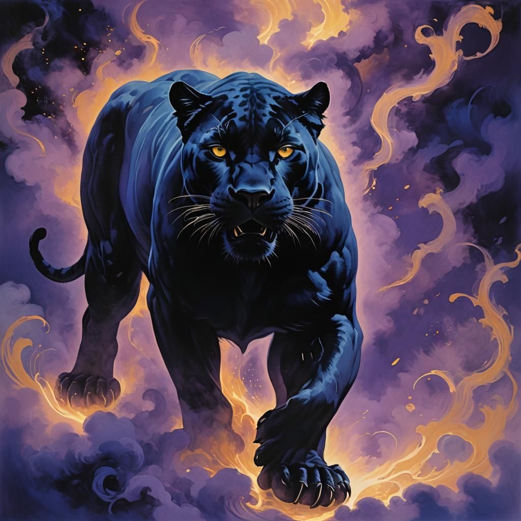 Black Panther Emerges from Indigo Smoke Vortex