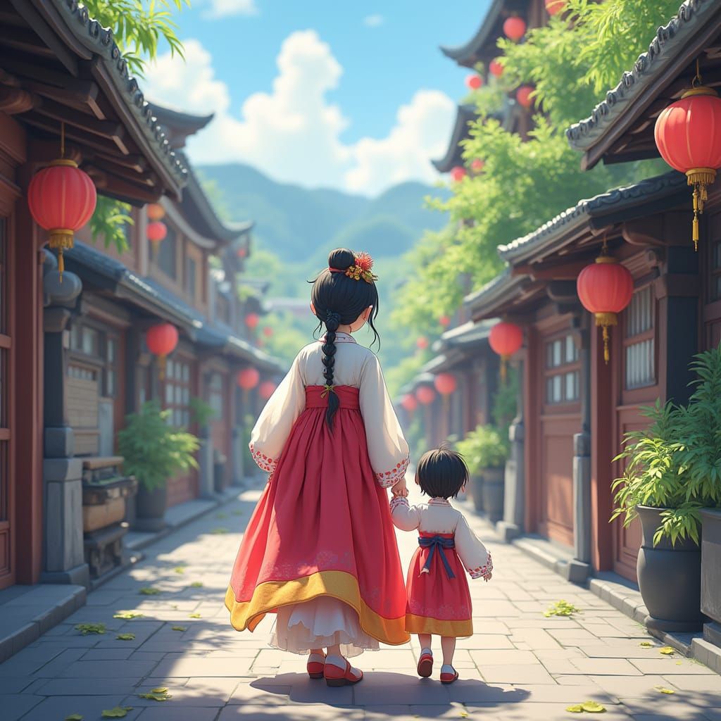 Mother and Son Walk Hand in Hand in Vibrant South Korean Str...